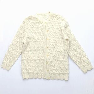 Vintage Ivory Eyelet Knit Button Up Boho Fairy Grunge Cottage Cardigan Sweater L